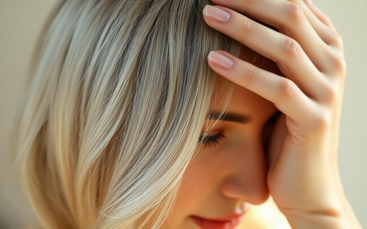 Close-up of silver-gray hair being gently parted at the scalp to reveal premature greying
